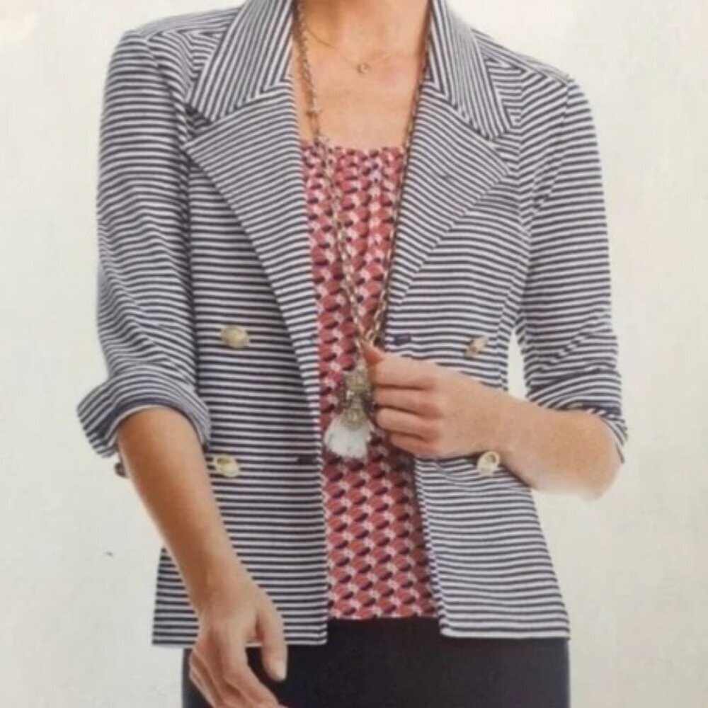 Cabi Blue Nautical Striped Stretch Knit Blazer Jacket Preppy #823 Women's S